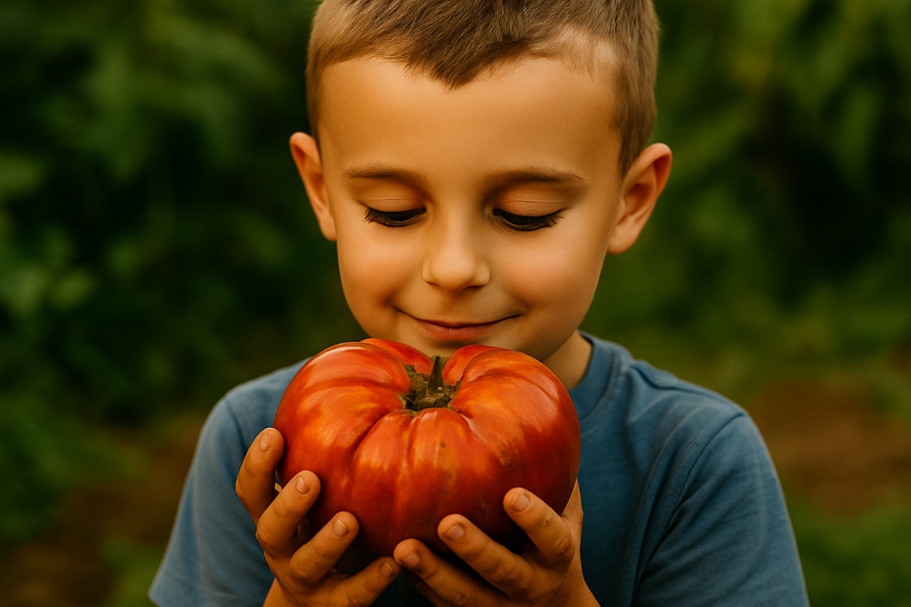 Child holding large homegrown tomato