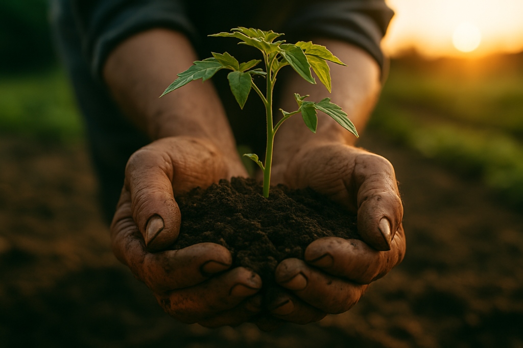 Hands holding seedling in structured soil