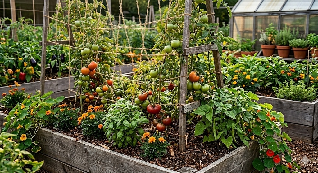 Bountiful integrated garden system with raised beds and greenhouse